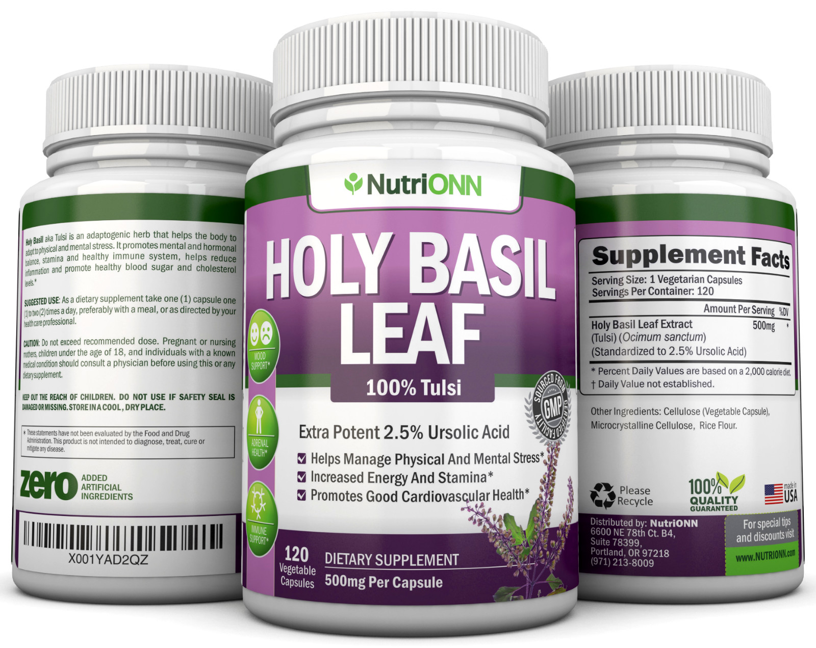 Holy Basil Leaf Extract – 500mg – 2.5% Ursolic Acid – 120 Vegan Capsules