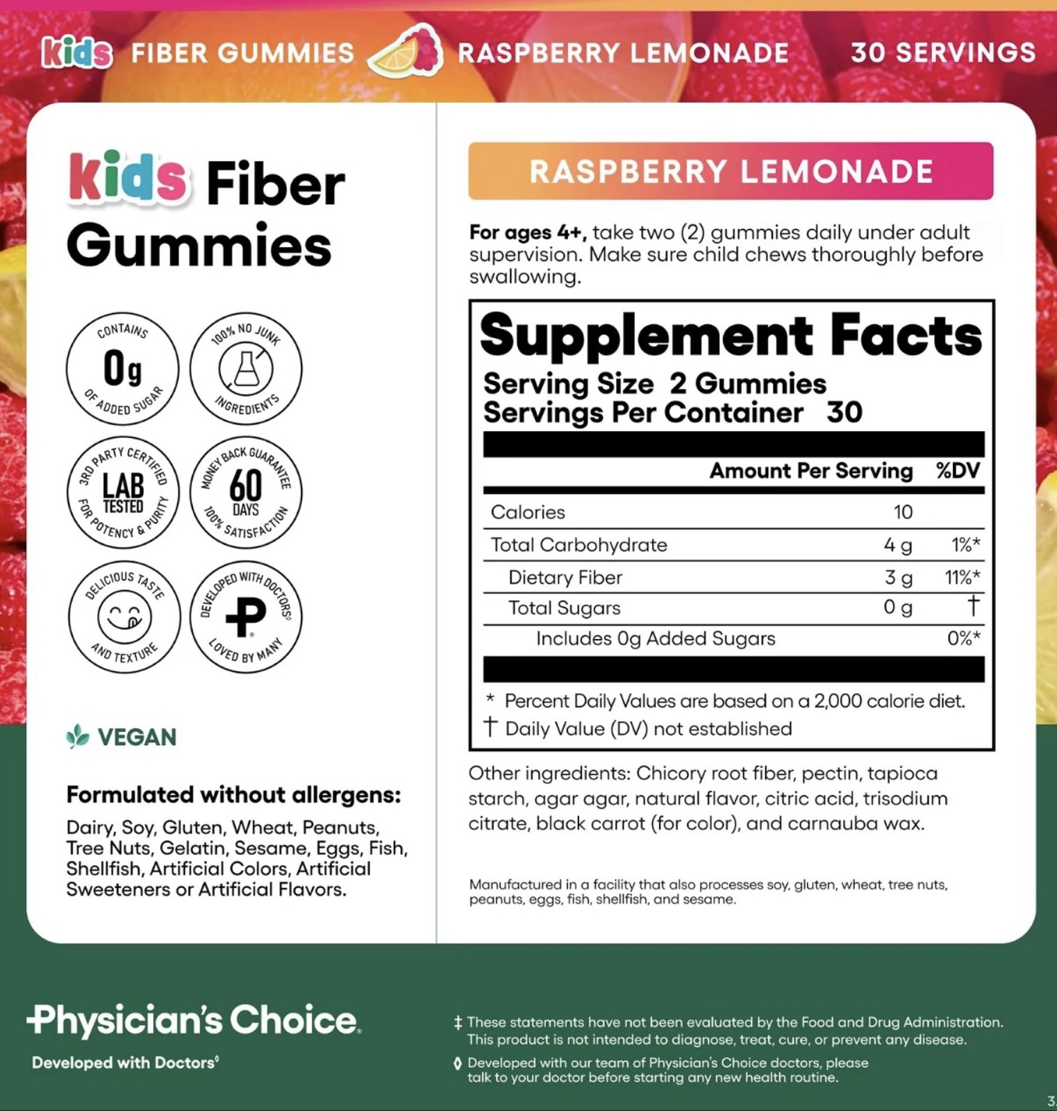 Physician’s Choice Kids Fiber Gummies Raspberry Lemonade 60ct