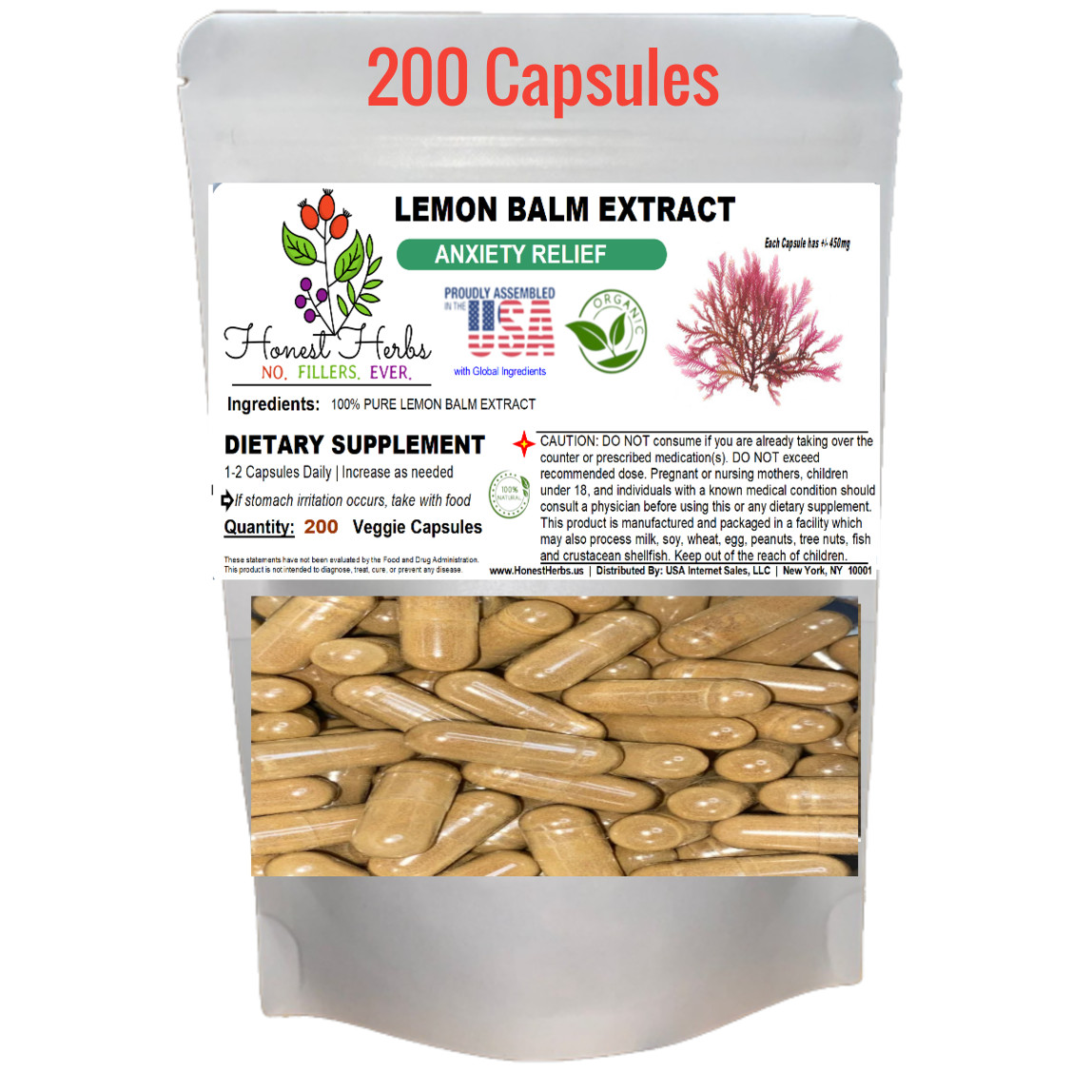 Lemon Balm Extract – Natural Calm, Stress, Mental Clarity – 200 Veggie Caps