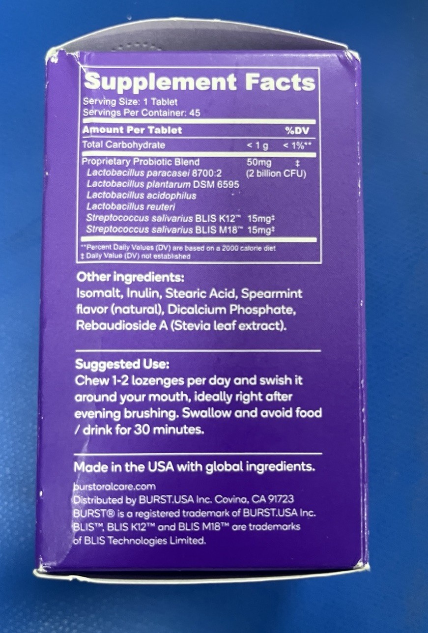 Burst Oral Probiotics Mint Chewable Lozenges Supplement 2 Pack 45 Ct Ea 09/26