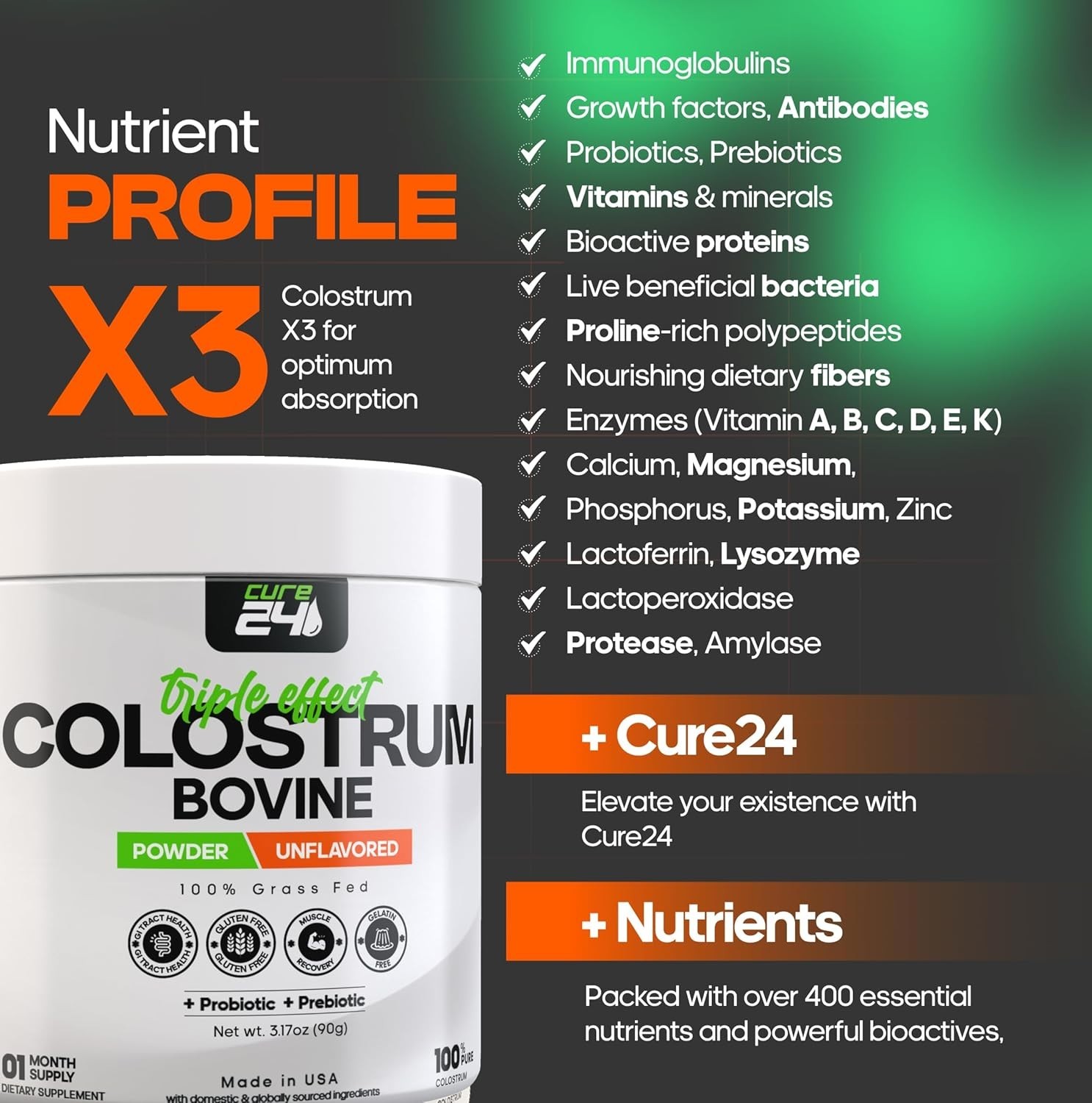 Cure 24 Bovine Colostrum X3 Supplement Powder Triple Effect Grass Fed High IgG