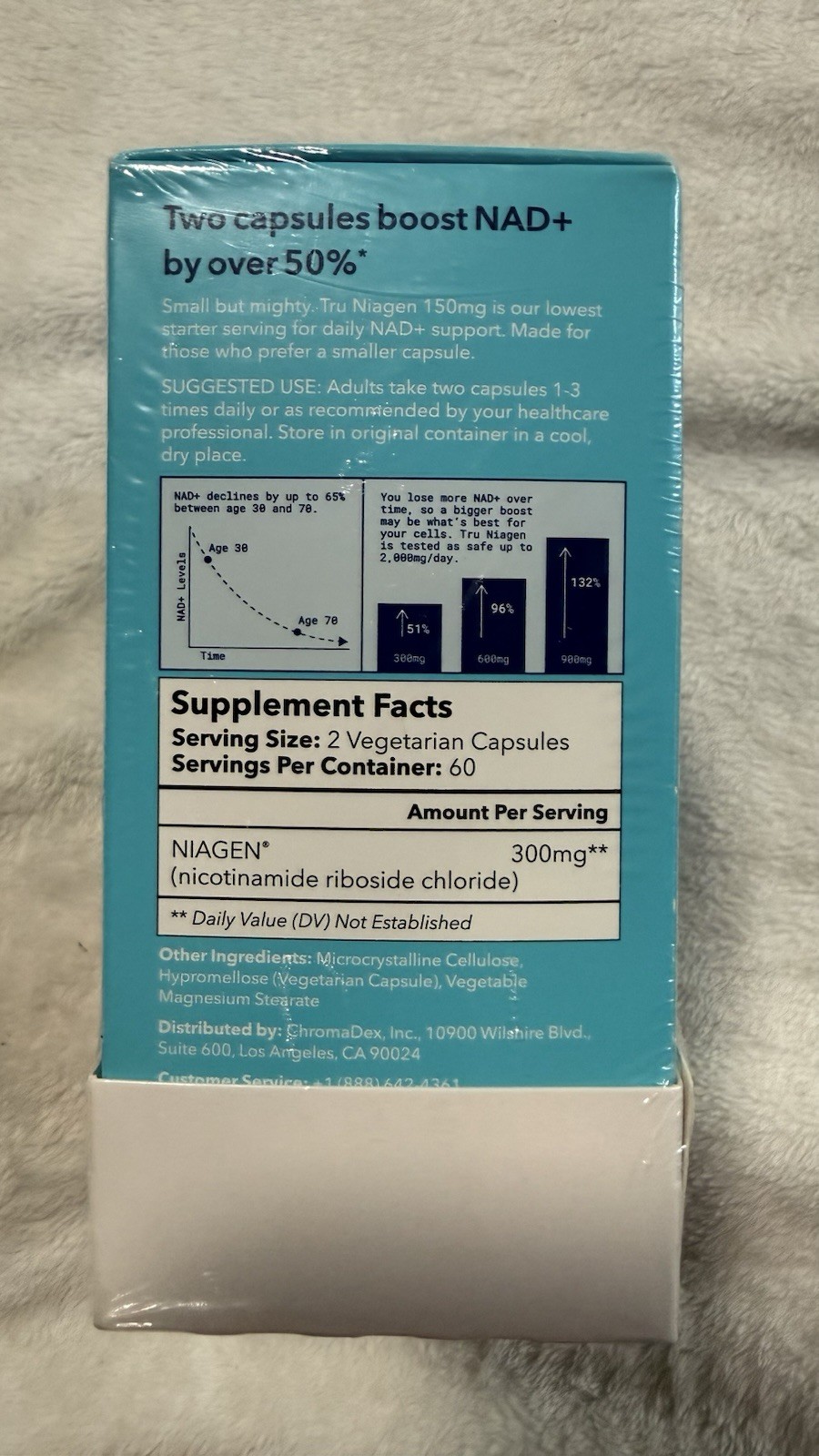 Tru Niagen NAD+ Booster 300mg Vegetarian Capsules, 120 Count per bottle.
