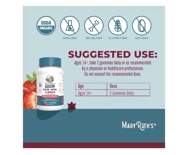 MaryRuth’s Organic Hair Skin & Nails Gummies Biotin Vit C/E Strawberry 60 Ct