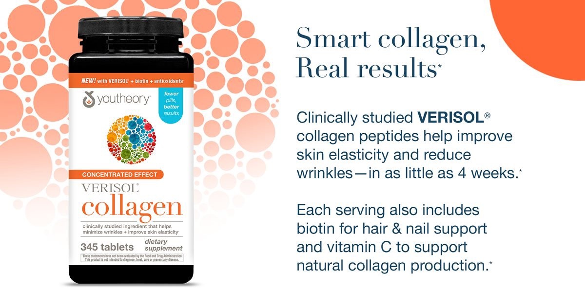 youtheory Verisol Collagen Concentrated Effect 345 Tablets Skin Elasticity