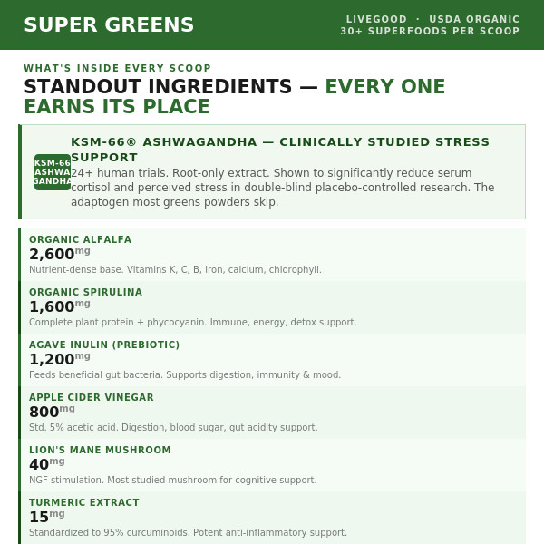 USDA Organic Super Greens Superfood Powder Spirulina Ashwagandha 30sv big canist