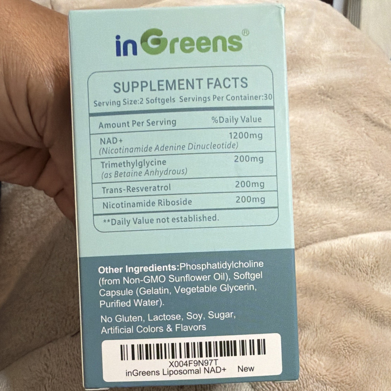 inGreens Liposomal NAD+ 1800mg 60 Softgels NR TMG Resveratrol GMP Exp 02/2027