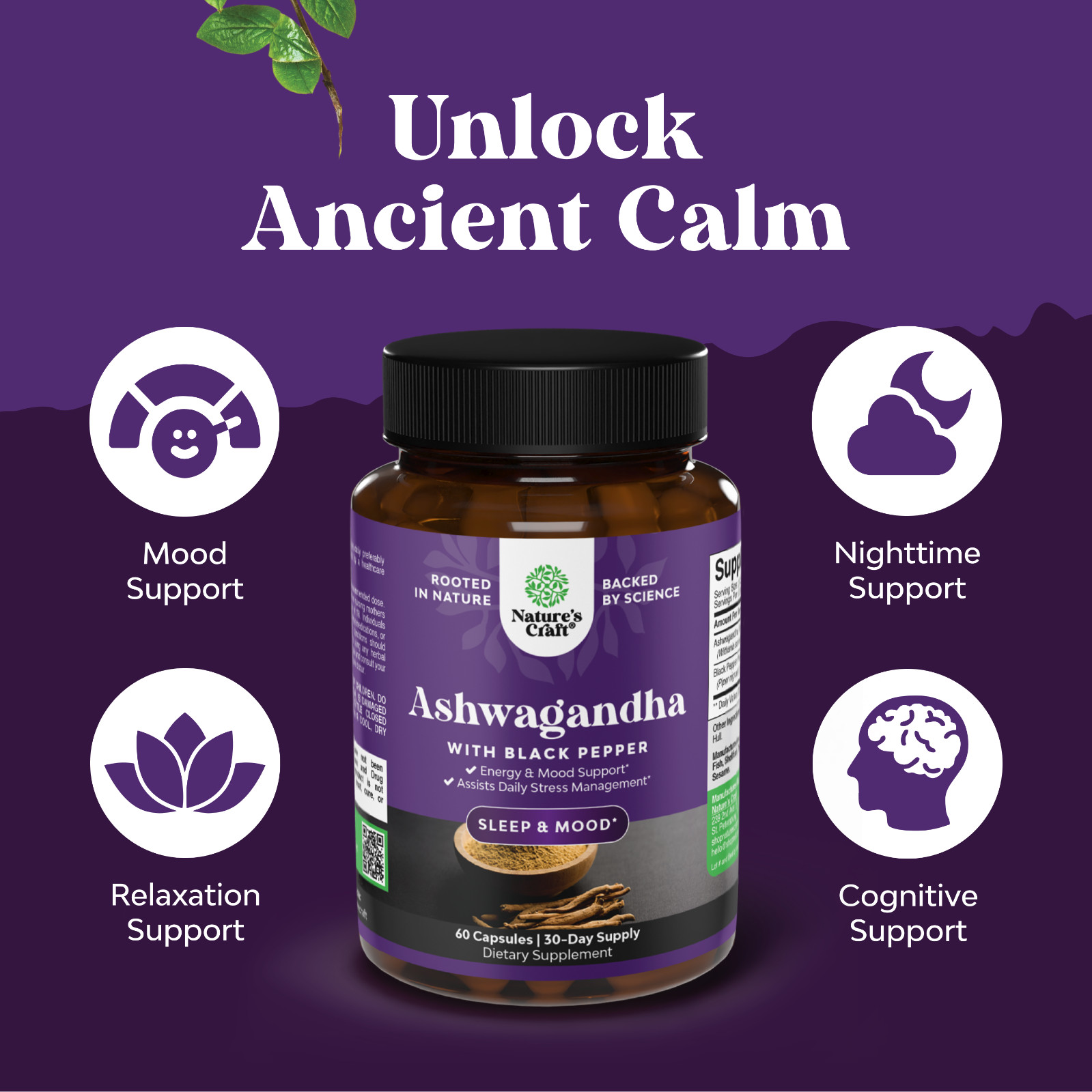 Best Ashwagandha Root Powder Capsules 1300mg Per Serving – Relaxation Sleep 60ct
