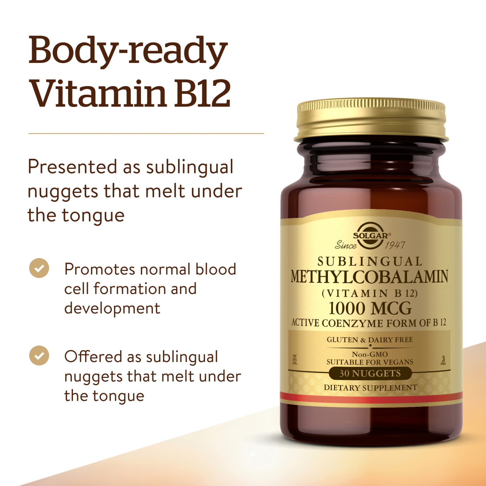 Solgar Methylcobalamin (Vitamin B12) 1000 mcg 30 Nuggets, Energy metabolism