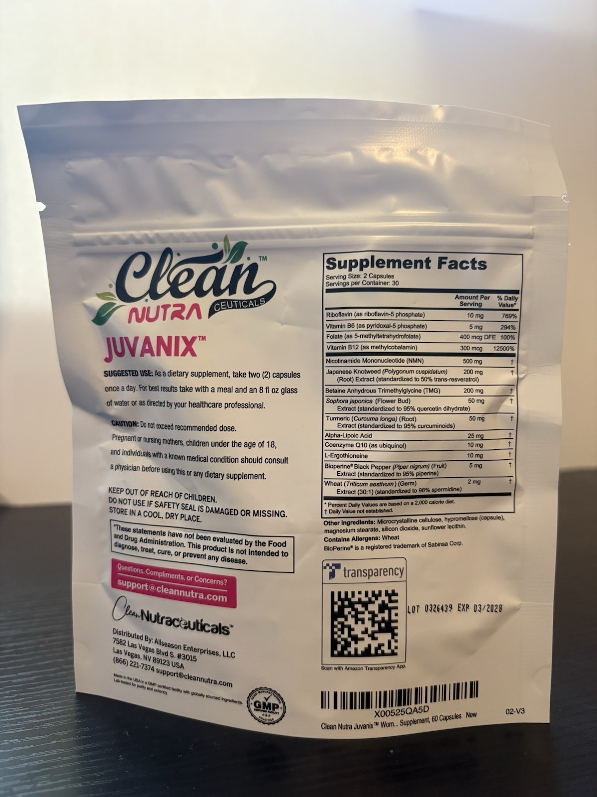 Clean Nutra JuvaniX Women’s NMN 500mg w/ Resveratrol Quercetin CoQ10 TMG 60
