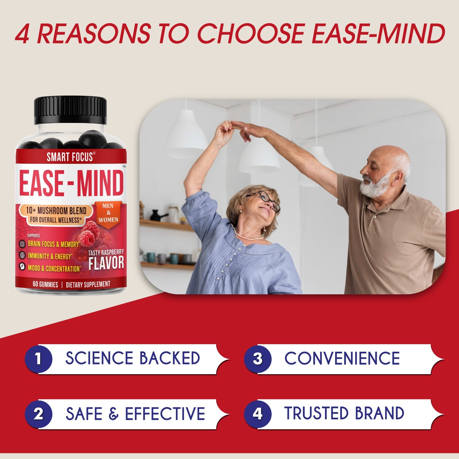Ease-Mind Mushroom Gummies Lions Mane Reishi Cordyceps Focus Support 60ct