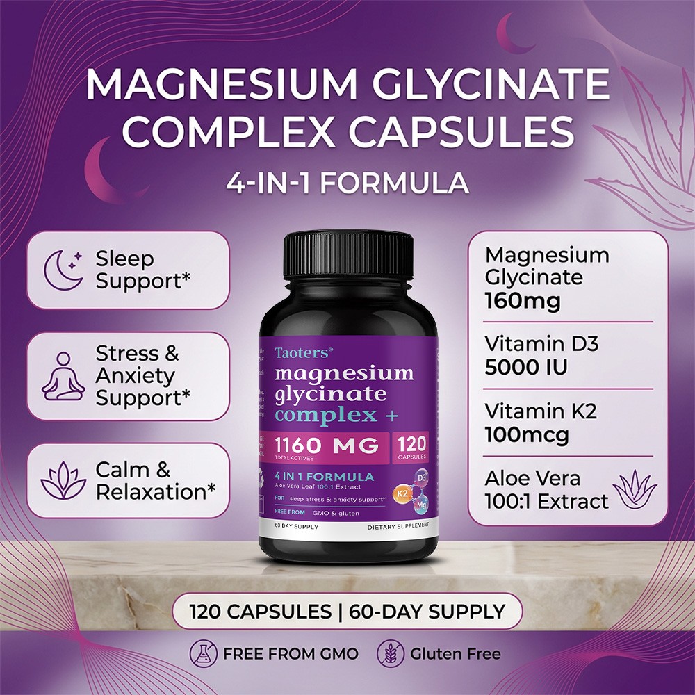 Magnesium Glycinate Complex-4-in-1 with D3,K2&Aloe Vera Stress Support 30~120Cap