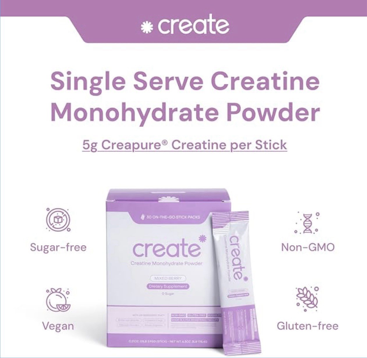 Create Creatine Monohydrate Powder Mixed Berry 5g Sugar-Free Vegan 30 Packs