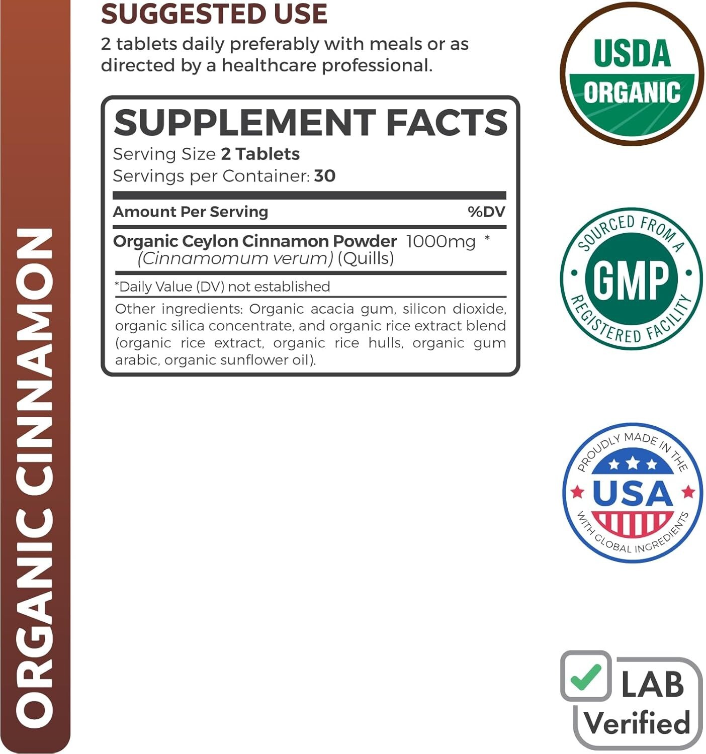 Health’s Harmony USDA Organic Ceylon Cinnamon (60 Tablets) 1000mg Cinnamon