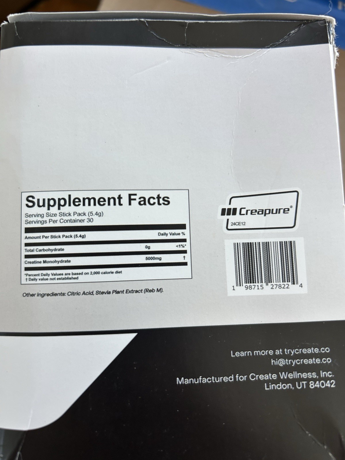 Create Creatine Monohydrate Powder Unflavored 30 Stick Packs Non-GMO Gluten-Free