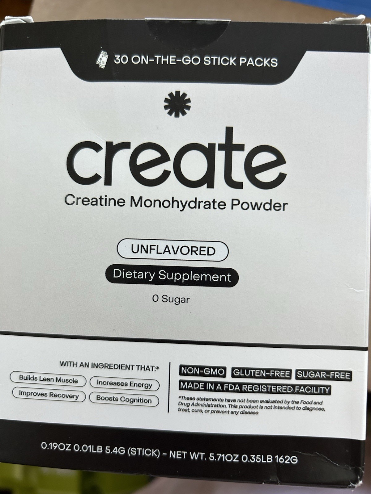 Create Creatine Monohydrate Powder Unflavored 30 Stick Packs Non-GMO Gluten-Free