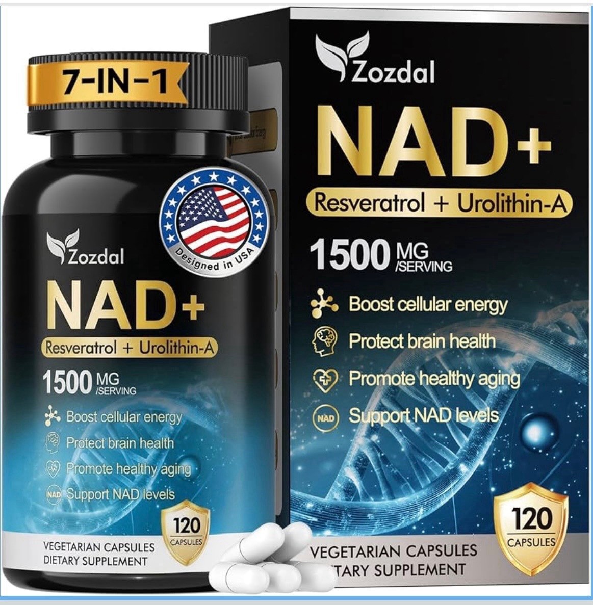 Zozdal NAD+ Supplement 1500mg – 7-in-1 Liposomal 120 Count (Pack of 1), Blue