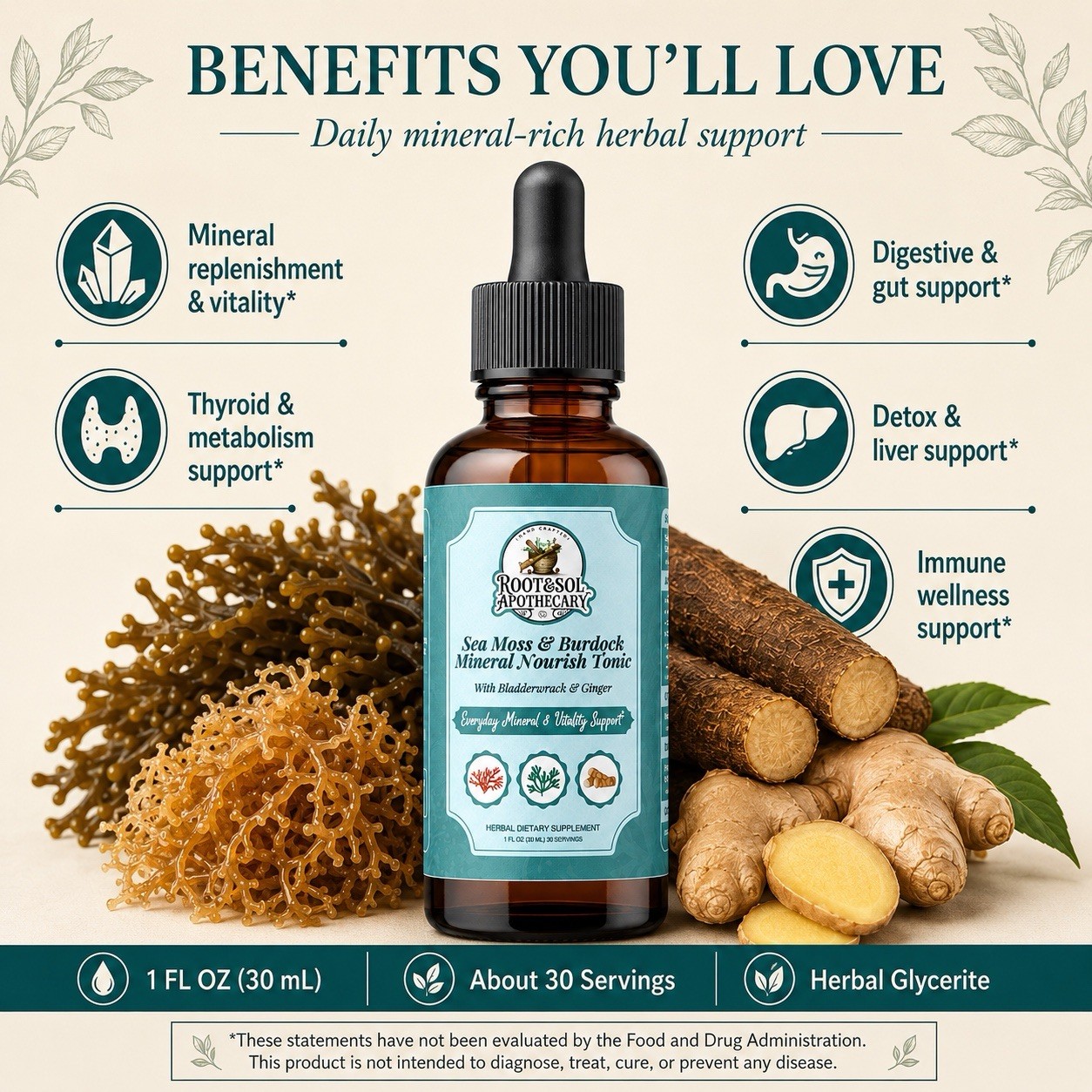 Root&Sol Apothecary Sea Moss Burdock Bladderwrack Ginger Tonic 1 fl oz