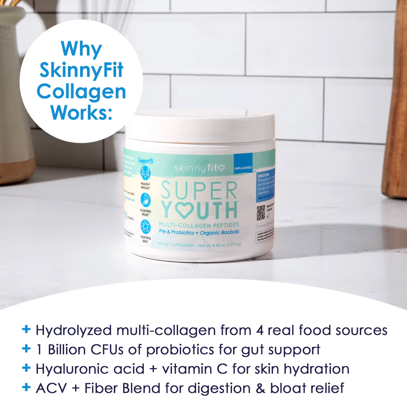 SkinnyFit Super Youth Collagen Peptides Powder Unflavored Probiotics 14 Servings