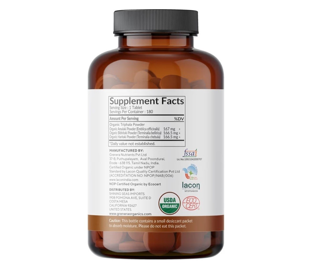 Grenera Triphala Tablets 180 Count 500mg Organic Vegan Kosher Herbal Supplement