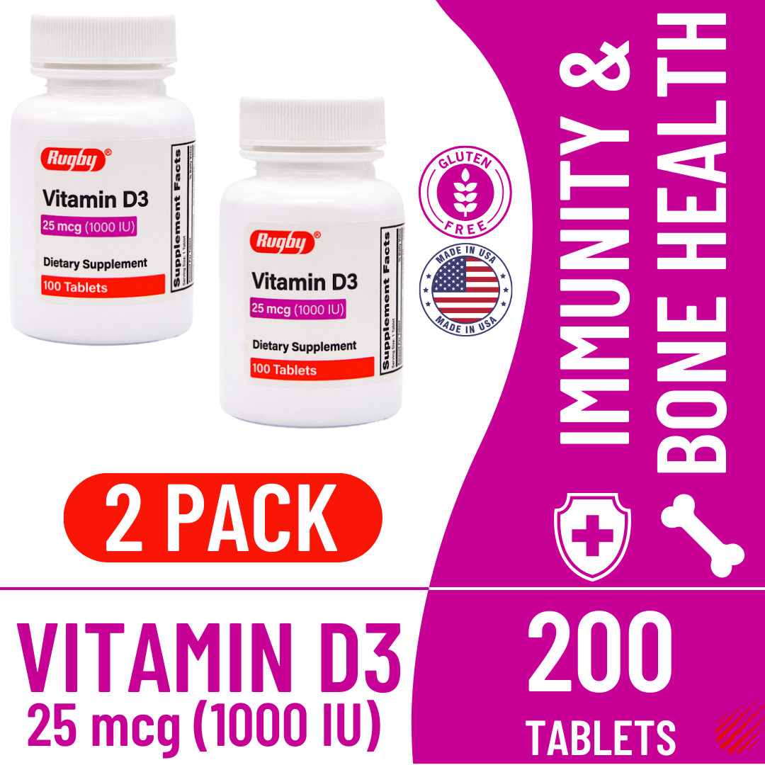 Rugby Vitamin D3 25 mcg (1000 IU) – 100 Tablets | Gluten Free (4-2026) – 2 Pack