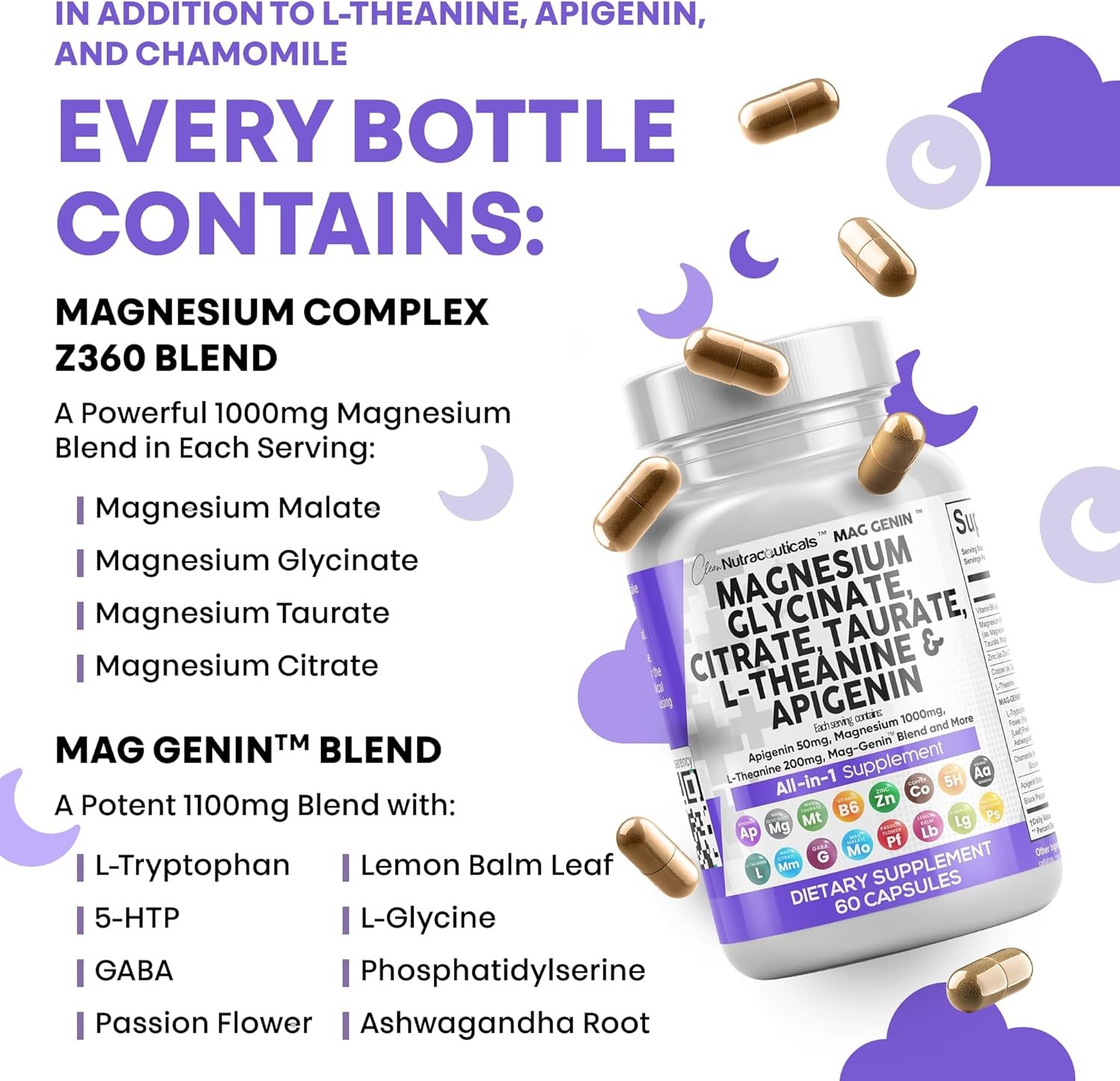 Magnesium Glycinate Complex 1000mg L-Theanine Sleep Support 60 Capsules
