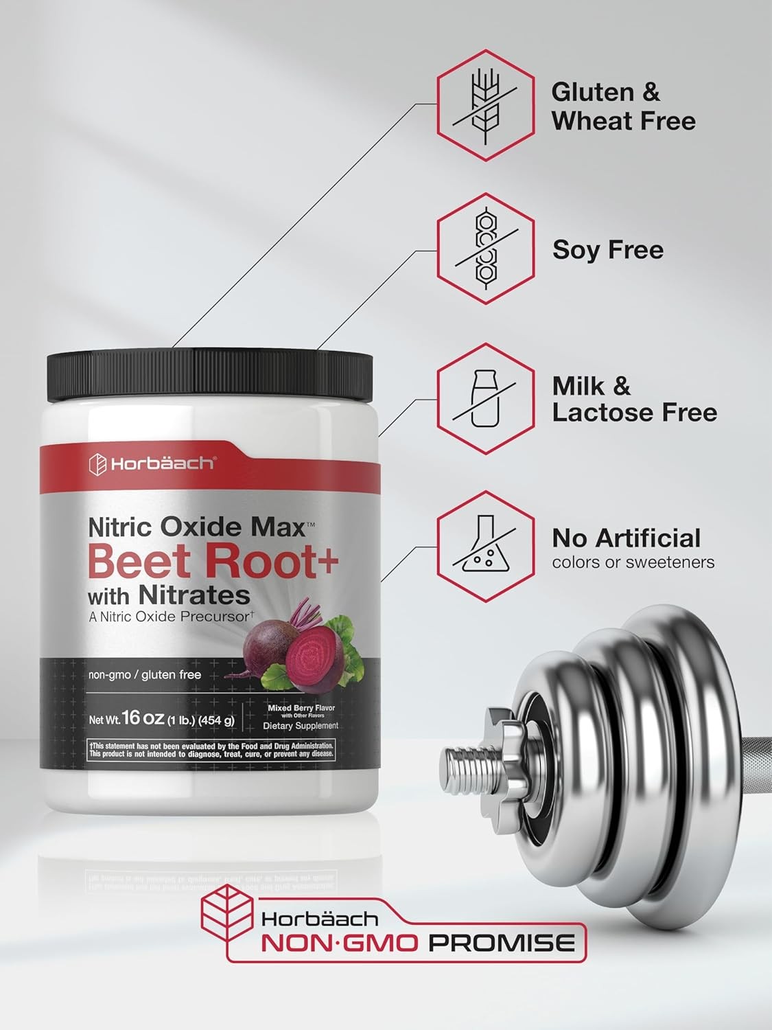 Nitric Oxide Beet Root Powder | 16 oz | Natural Mixed Berry Flavor | by Horbaach