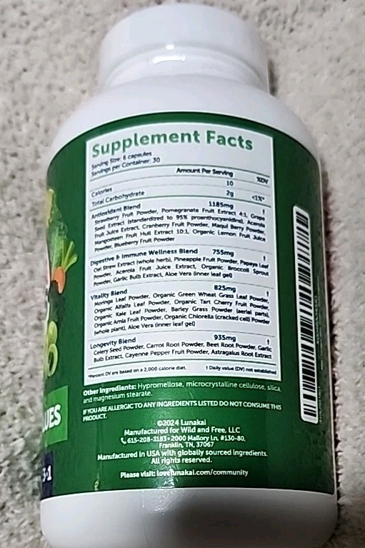 Lunakai USA Made Superfood Fruits & Veggies + Antioxidant Blend 180 Capsules