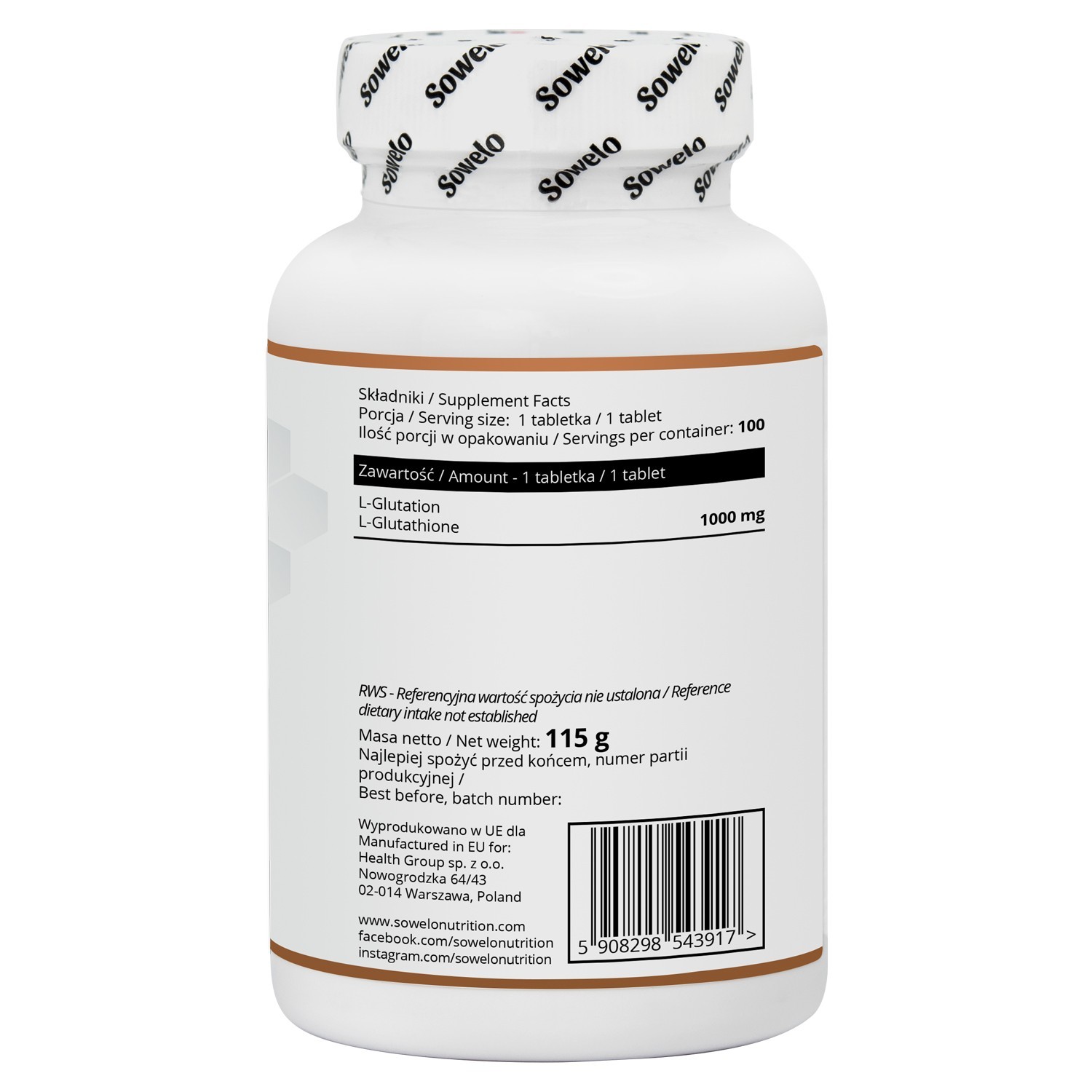 SOWELO L-GLUTATHIONE 1000mg ANTIOXIDANT REDUCES CELL DAMAGE IMMUNE SUPPORT