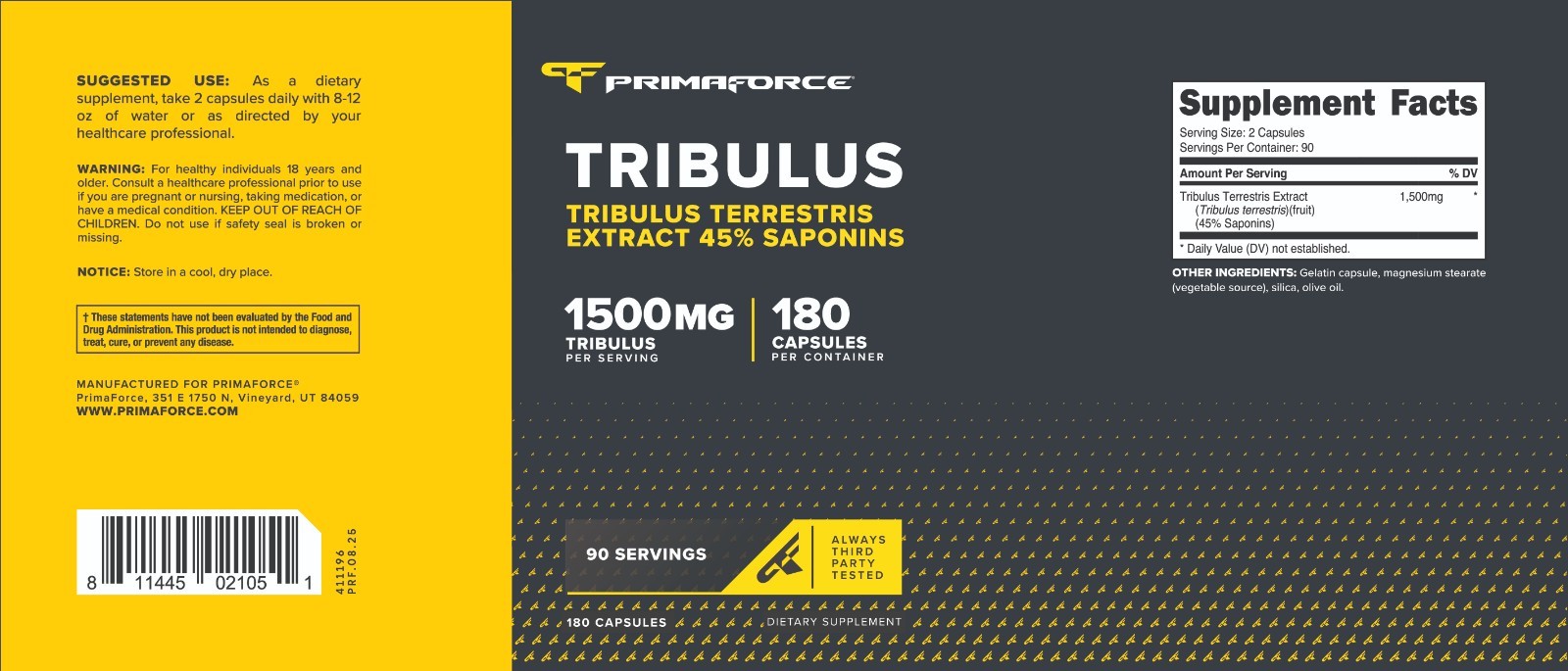 PrimaForce Tribulus Terrestris Extract Capsules (180 Capsules, 90 Servings)