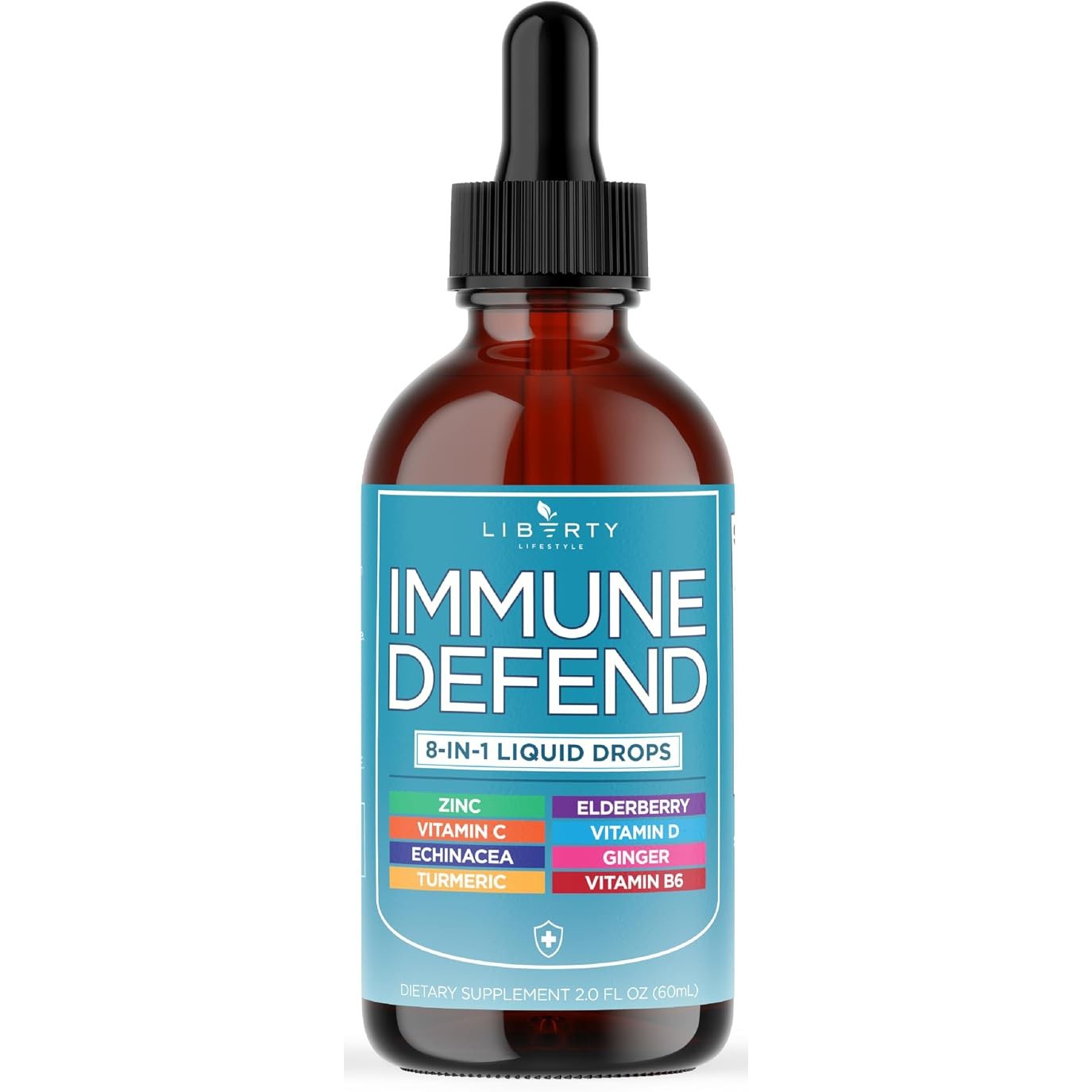 Immune Defend 8-in-1 Liquid Drops, Elderberry Turmeric Zinc, Vitamin C & D, 60mL