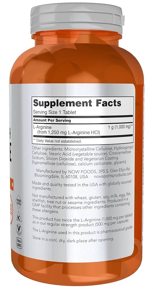 NOW L-Arginine 1000 mg Double Strength 60 Tabs Amino Acids Nitric Oxide Boost