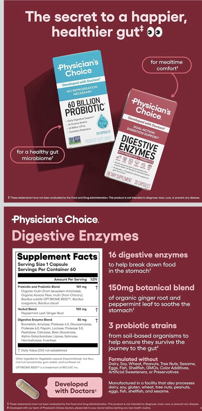Physician’s Choice Digestive Enzymes Prebiotics + Probiotics 60 Caps No Refrig