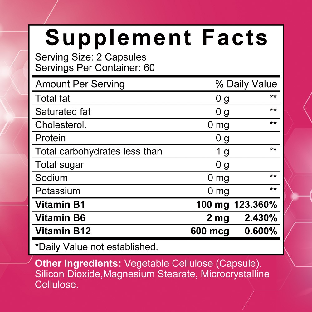 Vitamin B-Complex (B1, B6, B12) – Supports Energy, Mental Clarity 30/60/120Caps