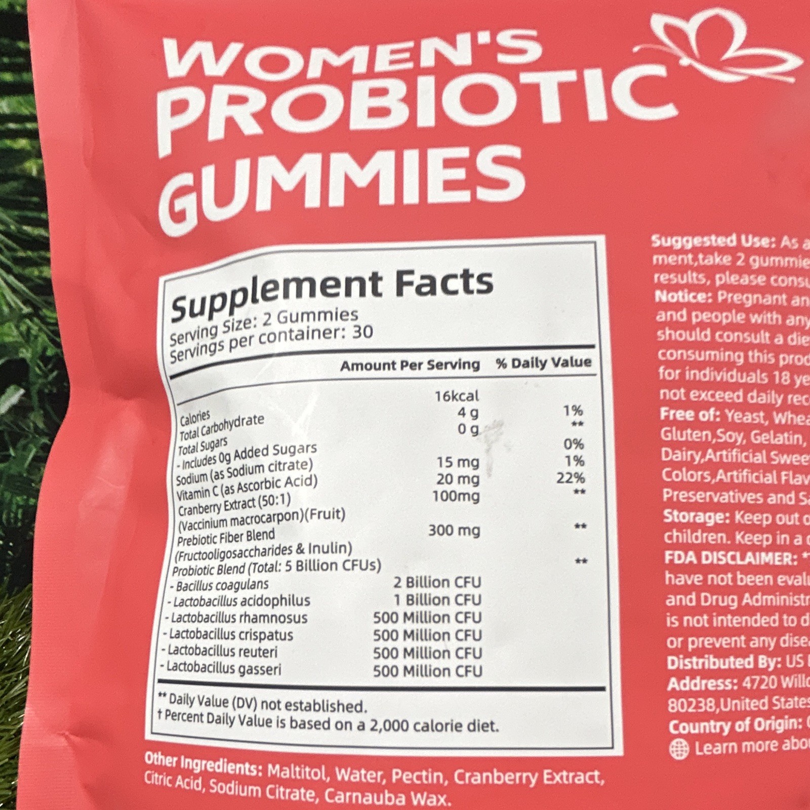 vivonu Women’s Probiotic Gummies Cranberry Vegan Non-GMO Gluten-Free No Sugar 60