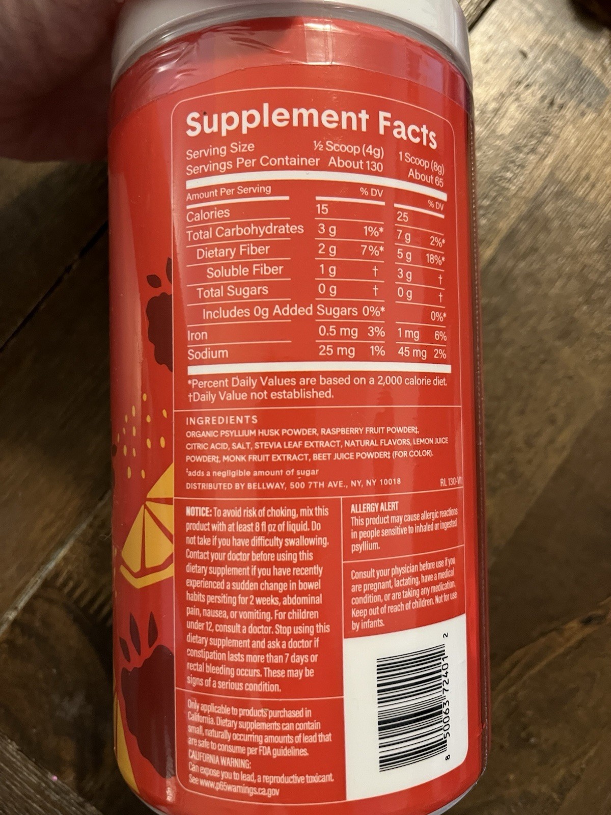 Bellway Super Fiber + Fruit Psyllium Husk Powder Raspberry Lemon 18 oz