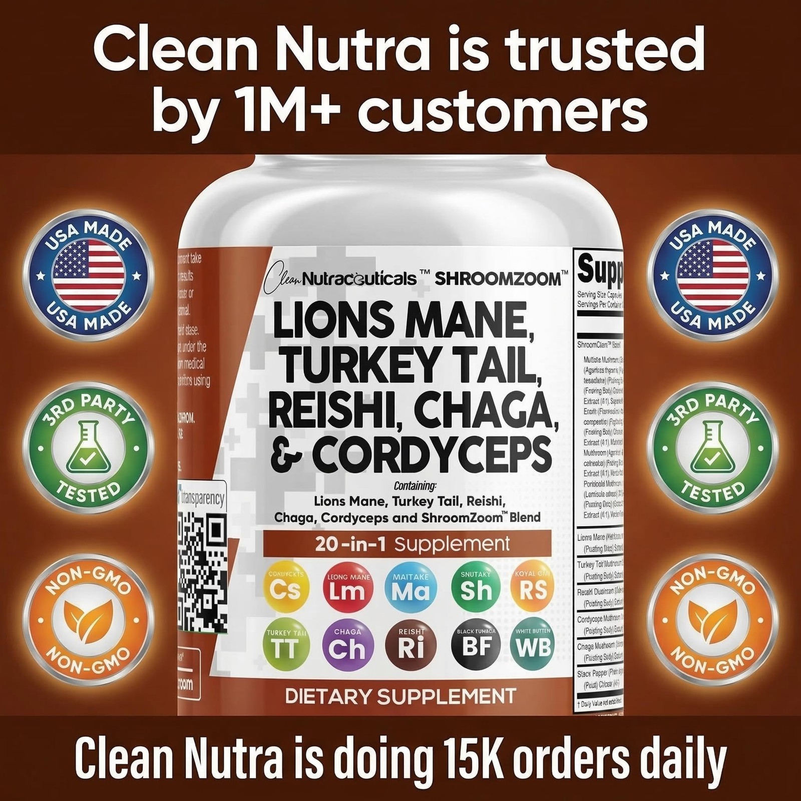 Clean Nutraceuticals Lions Mane 20in1 Mushroom 60 Count (Pack of 1), Natural