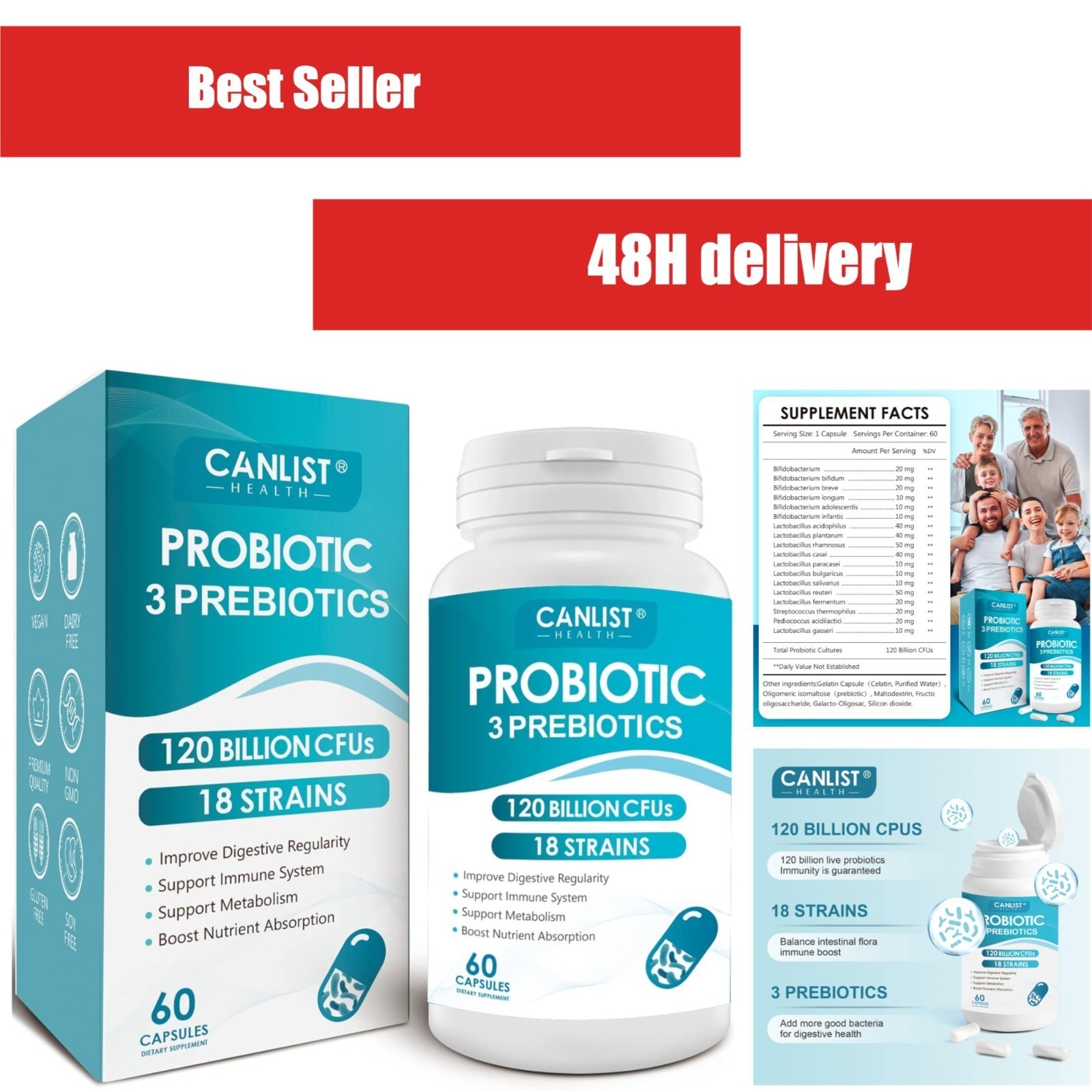 CANLIST Probiotics 120 Billion CFUs 60 Capsules Digestive Immune Support