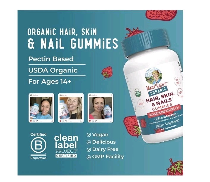 MaryRuth’s Organic Hair Skin & Nails Gummies Biotin Vit C/E Strawberry 60 Ct