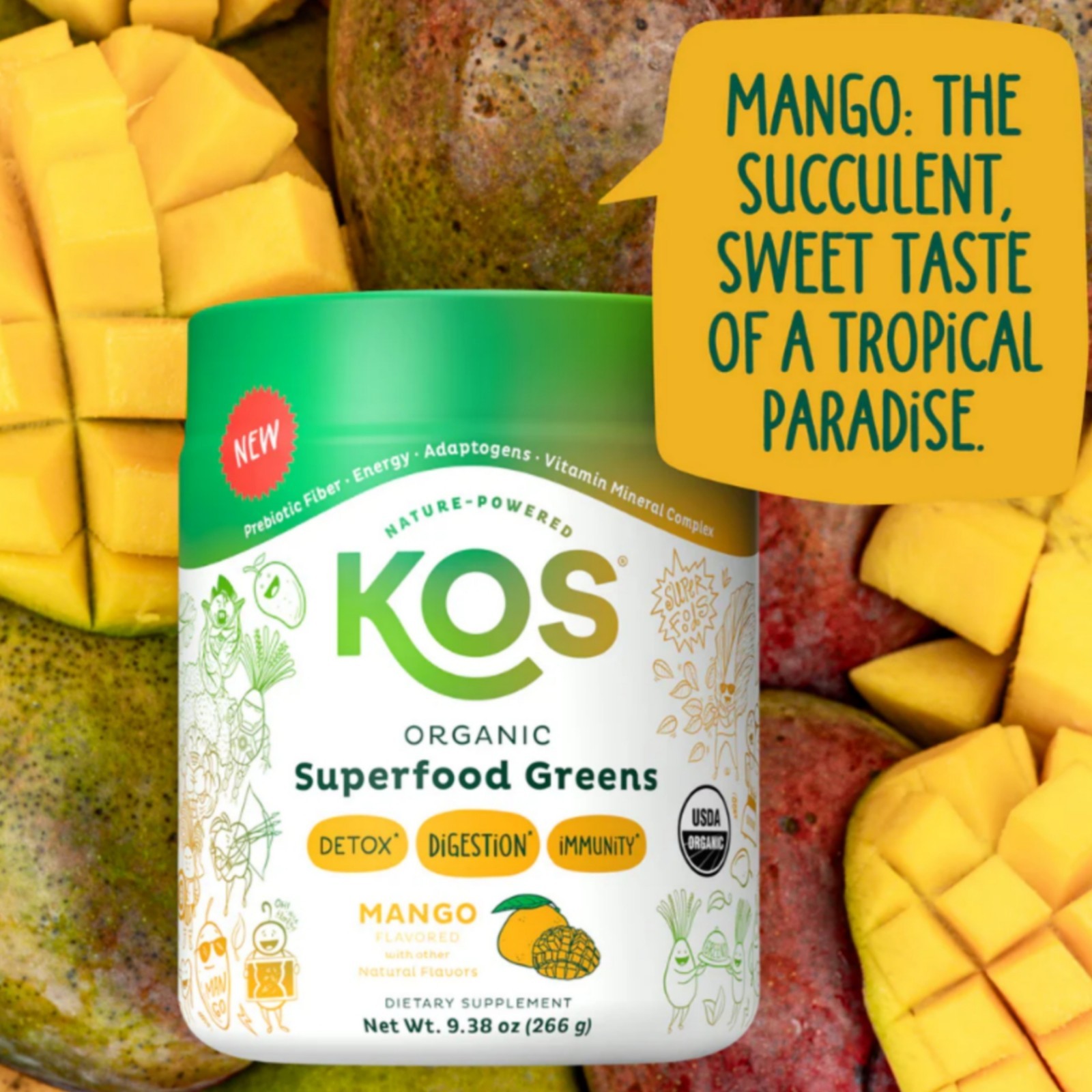 Kos Organic Superfood Greens Mango Flavor 9.38 oz Detox Digestion Immunity