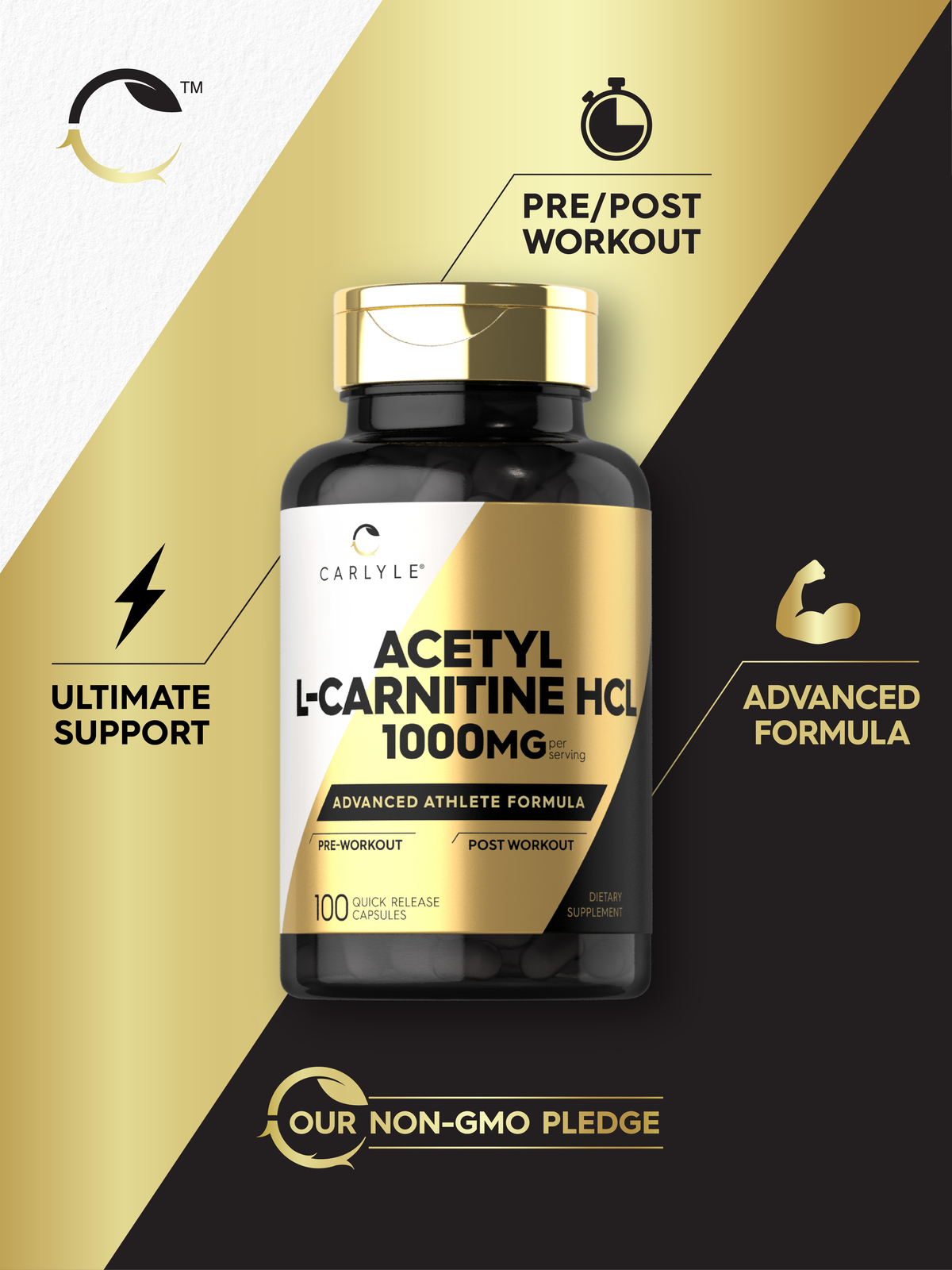 Acetyl L-Carnitine HCL 1000mg | 100 Capsules | Non-GMO, Gluten Free | by Carlyle