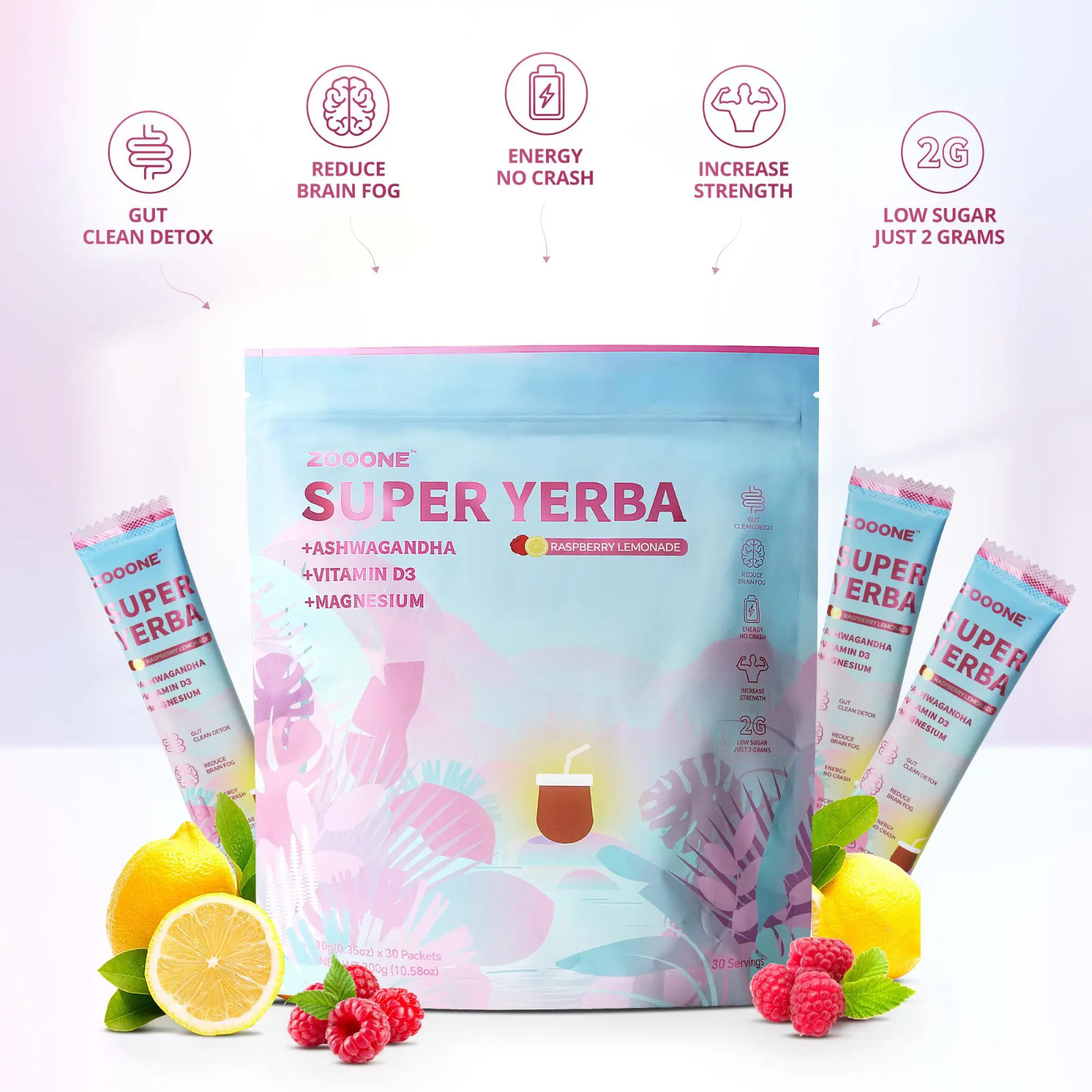 ZOOONE Super Yerba Drink Mix – Yerba Mate for Energy & Focus – Raspberry Lemonad