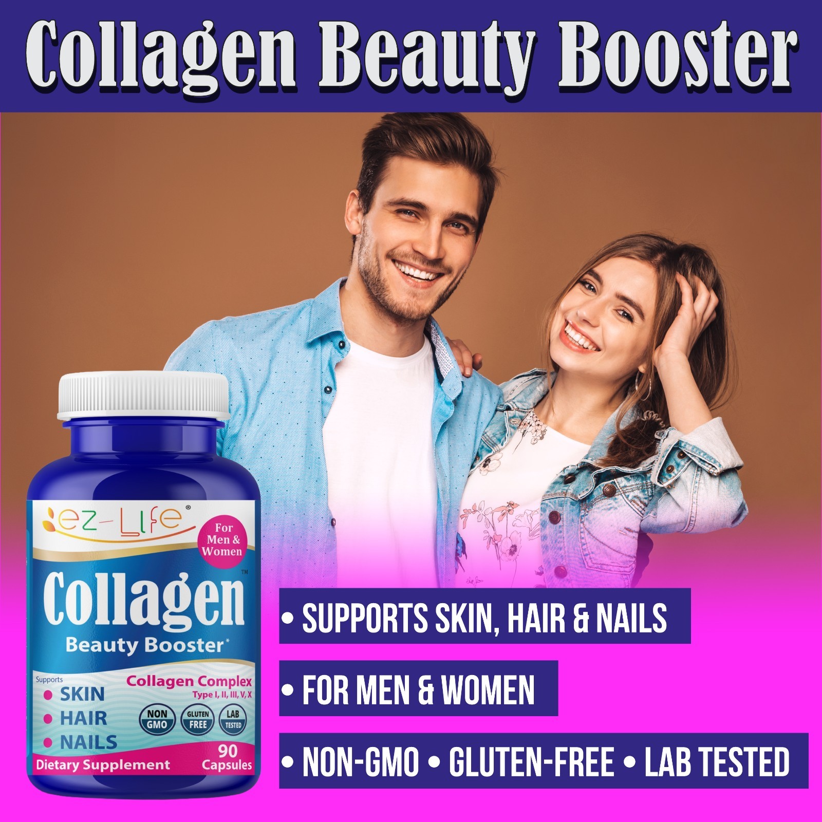Collagen Peptides Beauty Supplement for Men & Women-Hydrolyzed Anti Aging 90Caps