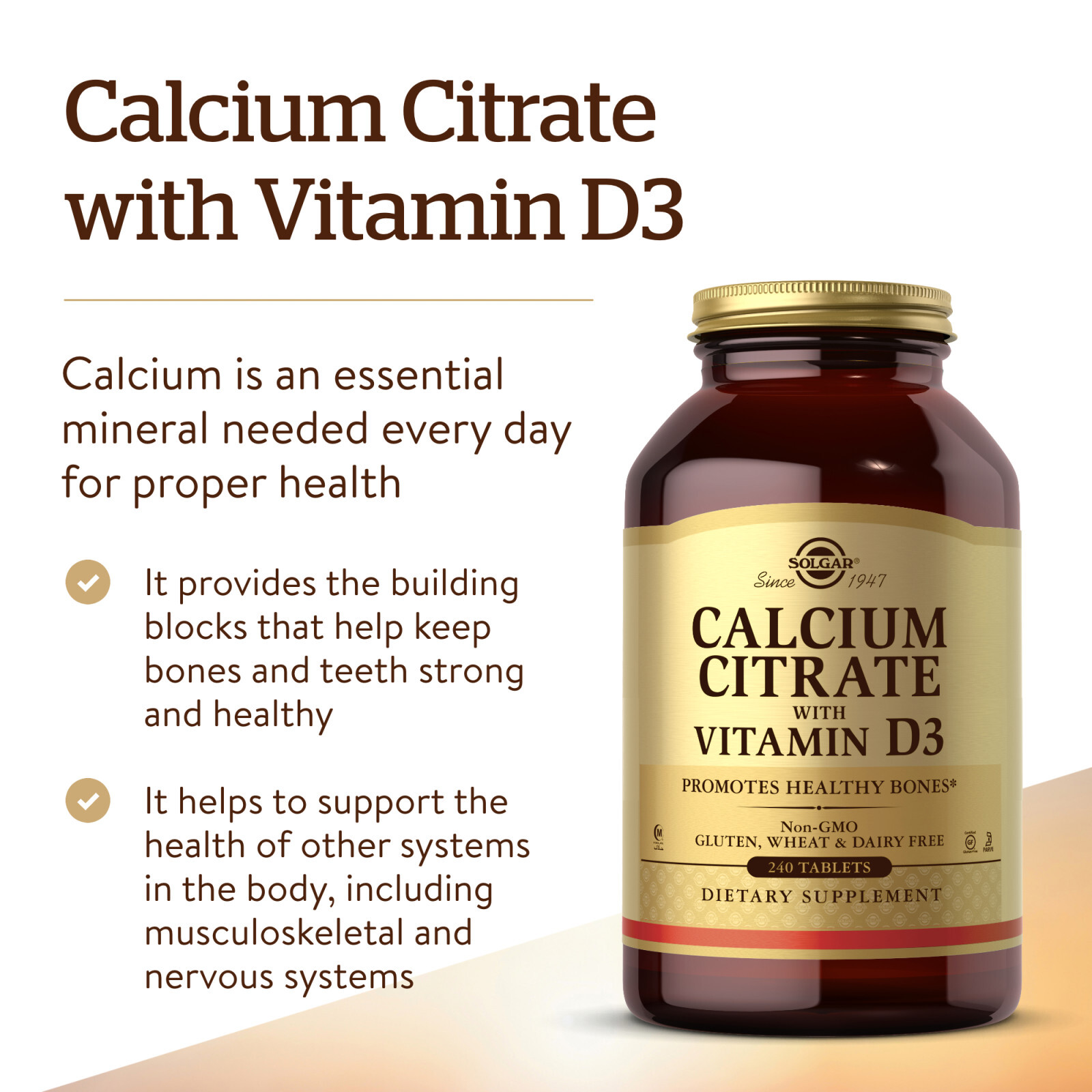 Solgar Calcium Citrate with Vitamin D3 240 Tablets, Healthy Bone