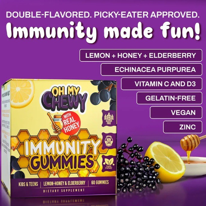 Oh My Chewy Elderberry Gummies Immunity Support Real Honey & Lemon Kids 60CT
