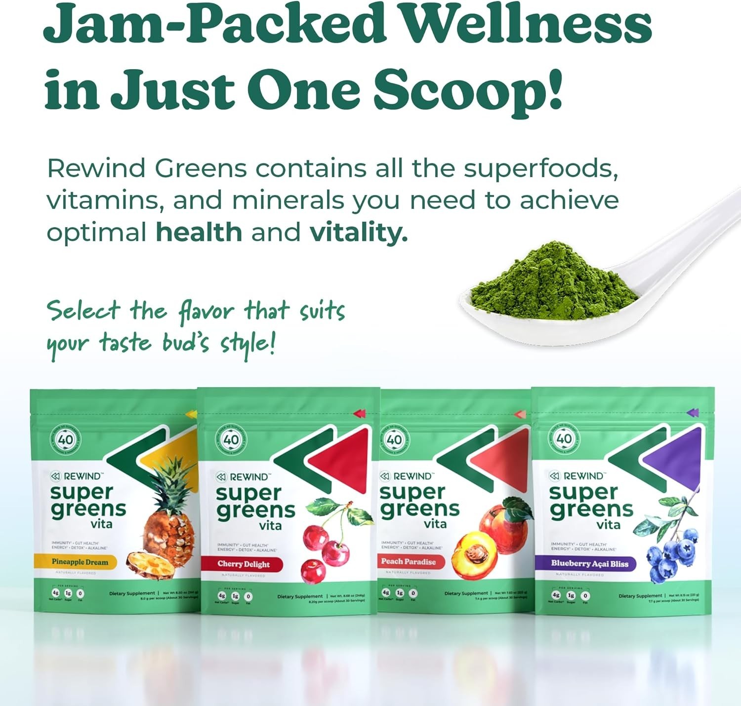 Rewind Super Greens Powder 40+ Superfoods Detox Antioxida,Pineapple Dream Flavor