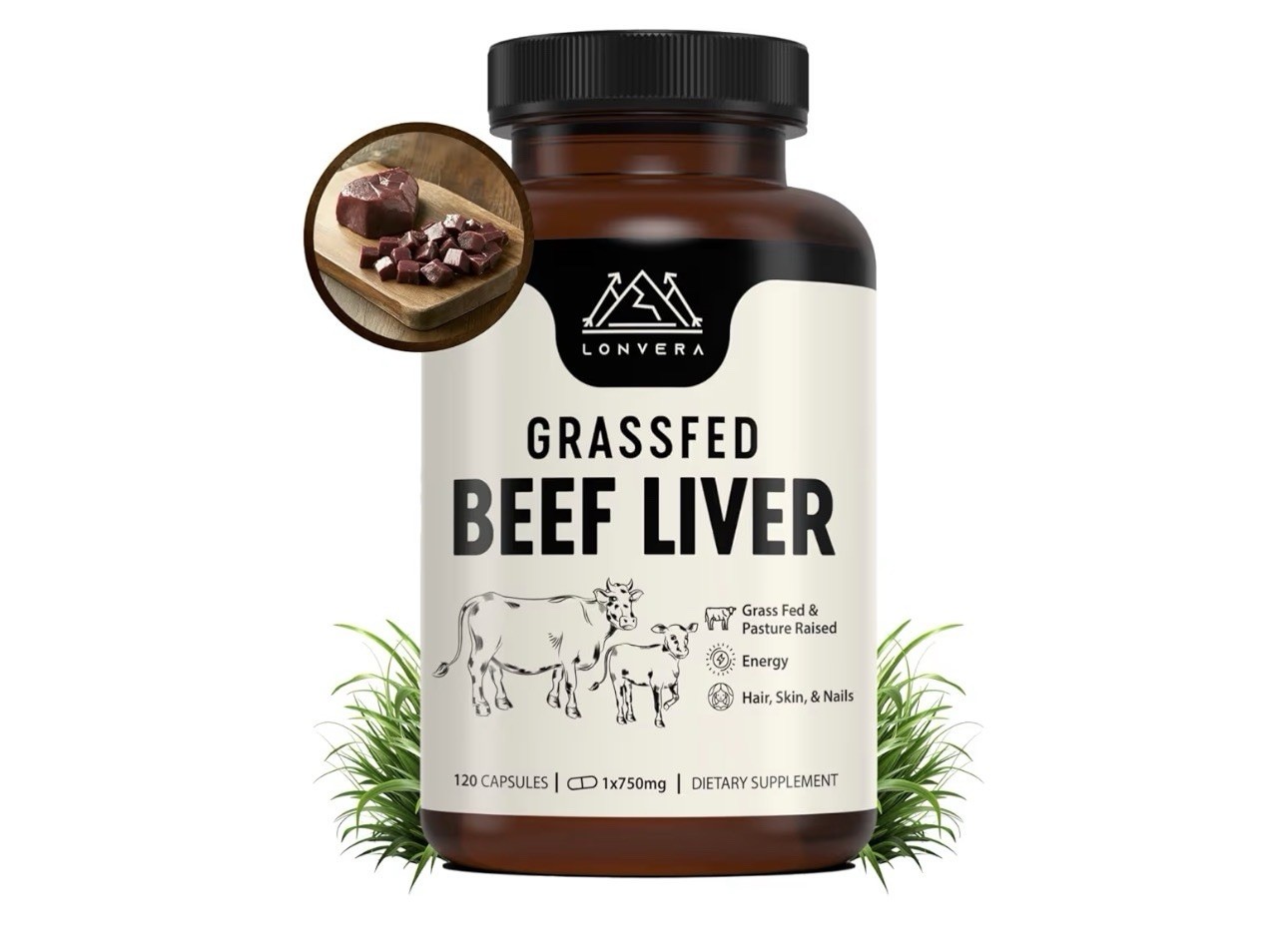 Lonvera Grass Fed Beef Liver 750mg Capsules 120 Count Pasture Raised