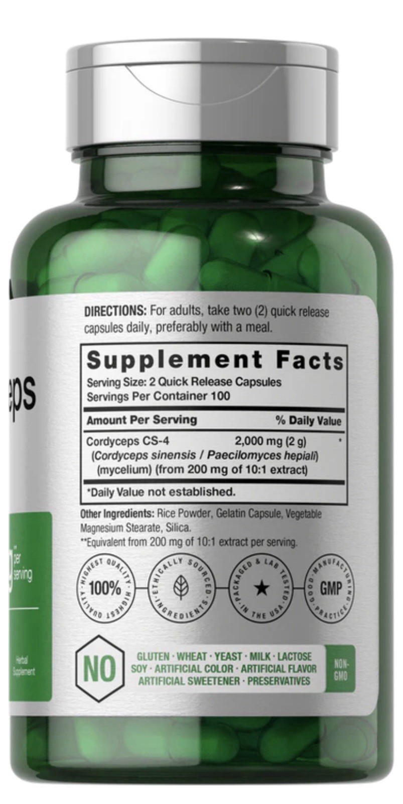 Cordyceps CS-4 2000mg 200 Capsules Gluten-Free Non-GMO Supplement