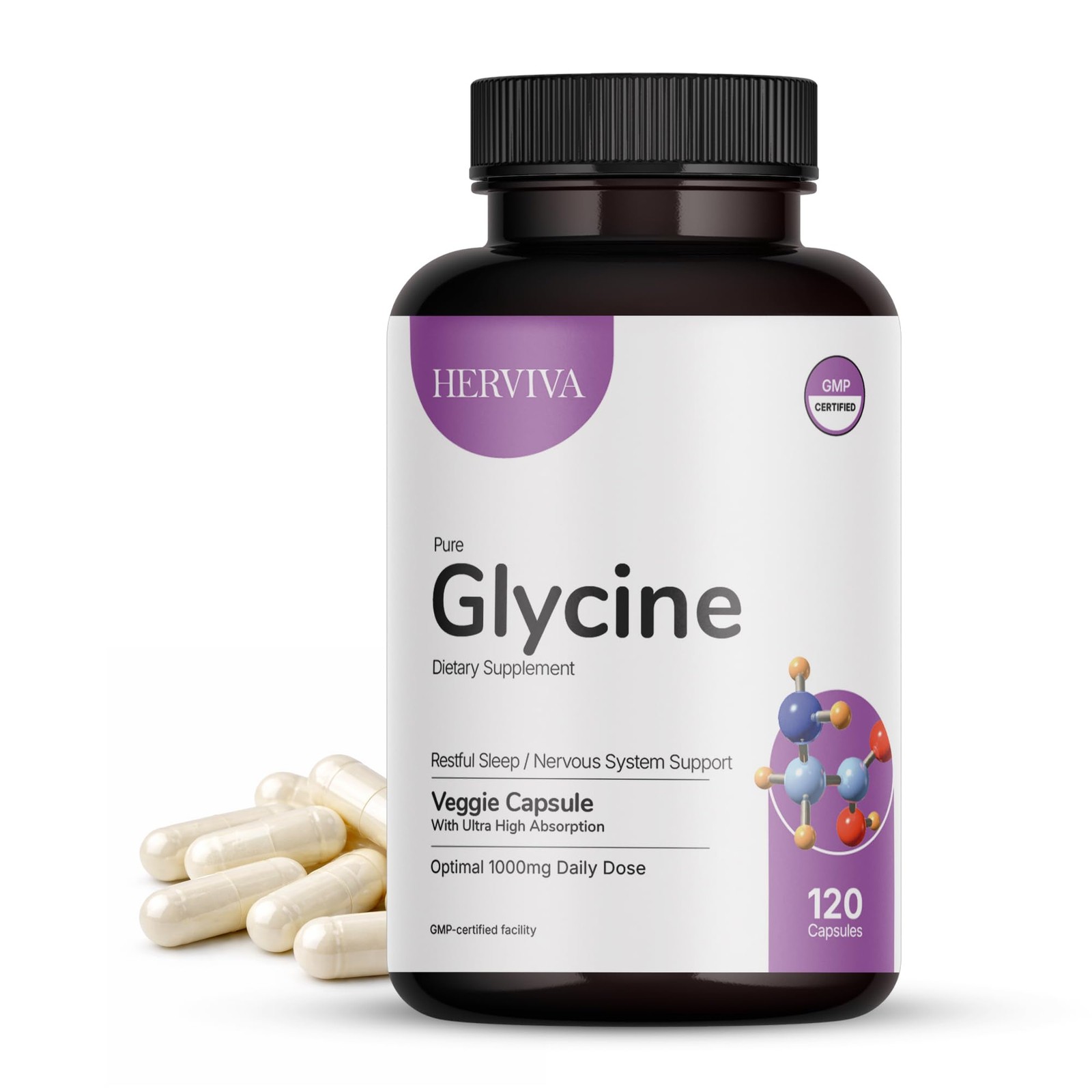 HERVIVA Glycine Supplement 1000 mg per Serving (2 120 Count (Pack of 1)