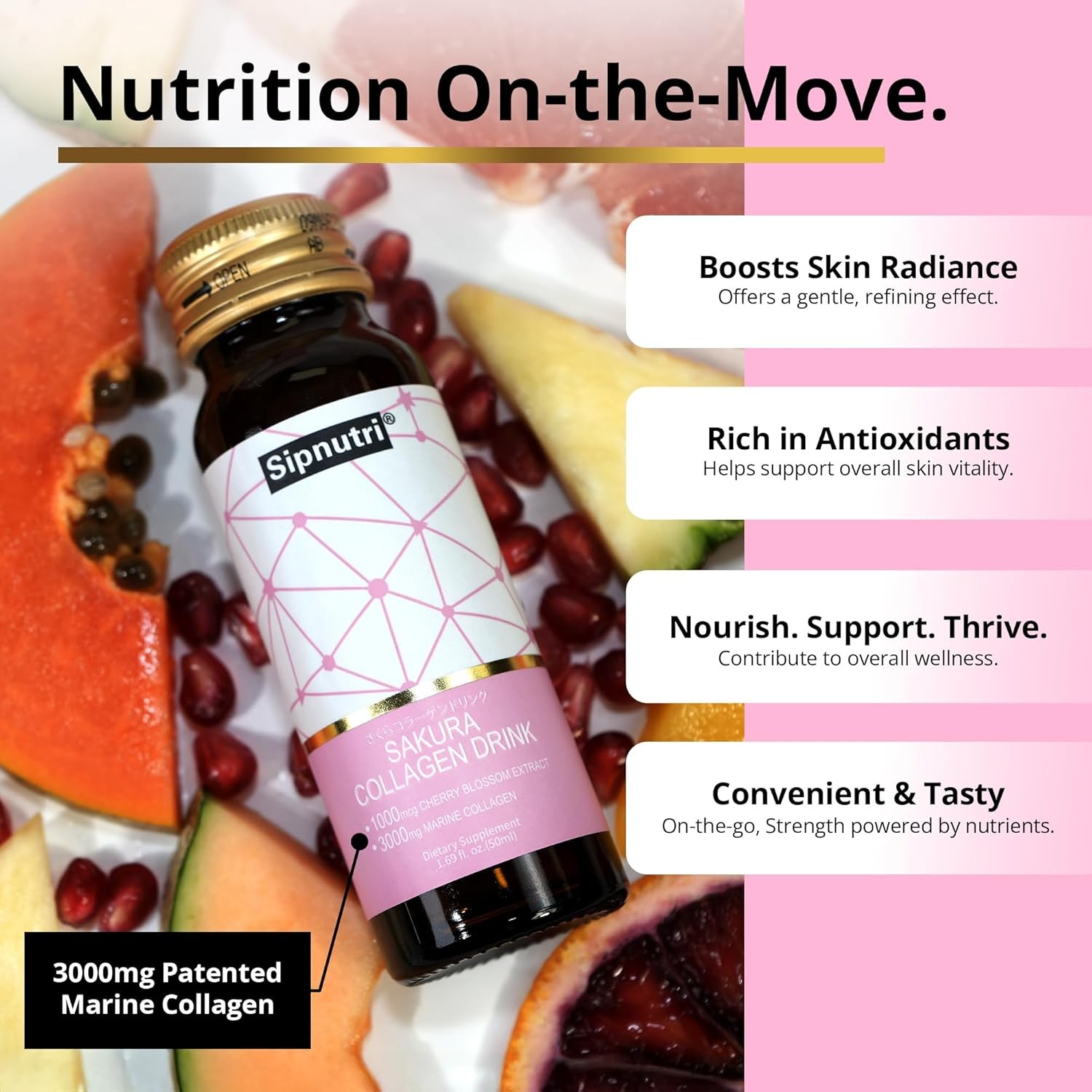 Sakura Collagen Drink with Cherry Blossom Extract, 50 ml x 10 Bottles