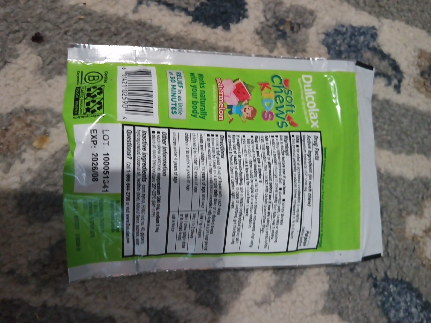 Dulcolax 15ct Soft Chews Kids Saline Laxative Watermelon Exp 08/2026 NEW Sealed